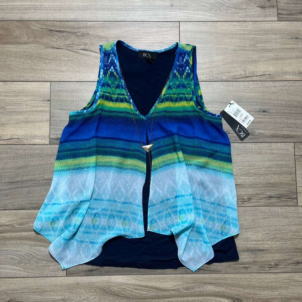 BCX Womens Tank Top With Printed Overlay‎ And Necklace Size Large Blues Green